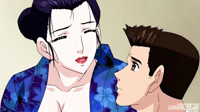 Hentai stepmom in kimono seduces stepson close-up
