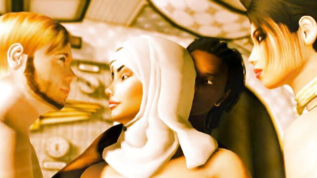 Kinky hijab Arab babe surrounded by studs in steamy group tease