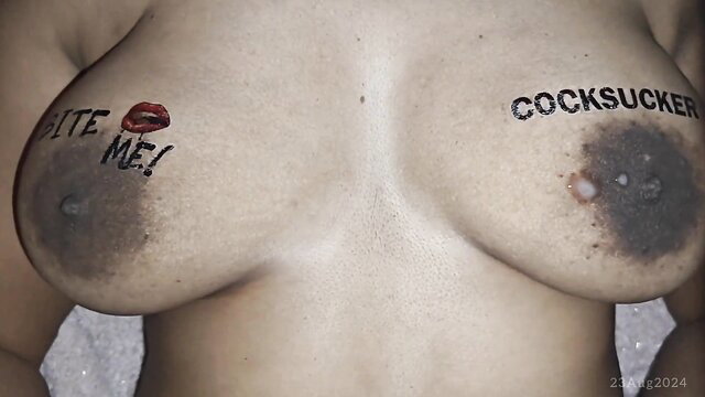 Desi wifey with 'Bite Me' and 'Cocksucker' tattoos on bruised tits