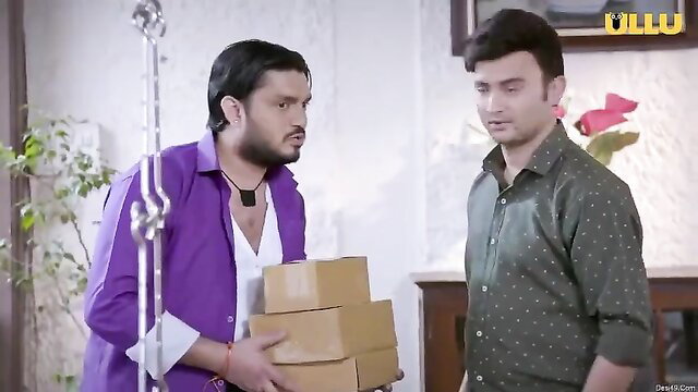Two Indian men in shirts holding boxes in Ullu web series scene
