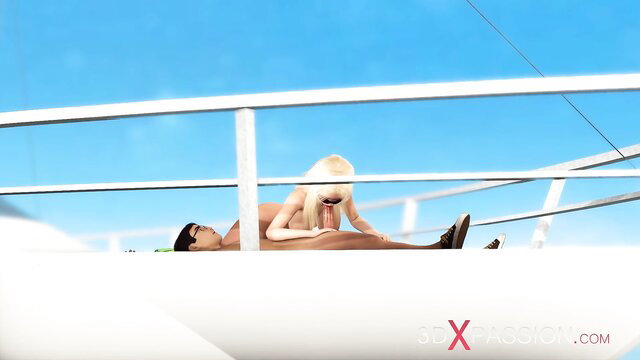 Blonde 3D hottie sucking cock outdoors on yacht deck