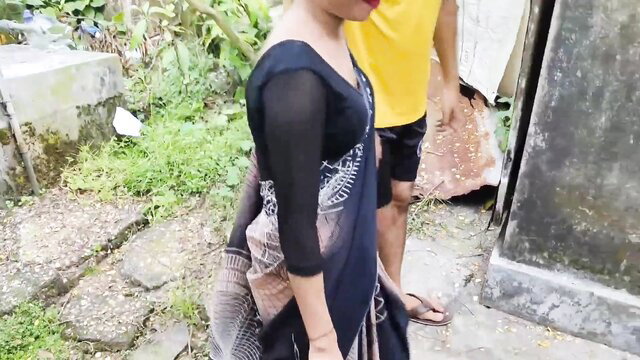 Sexyneha and Cool Mamta in sheer black saree fucked outdoors