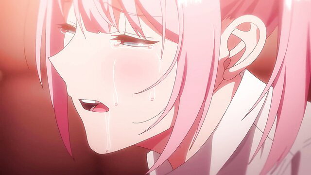 Pink-haired busty anime girl crying with ahegao face in hentai
