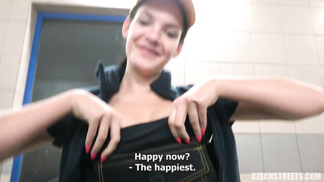 Czech Streets carwash beauty flashing big tits smiling happy now