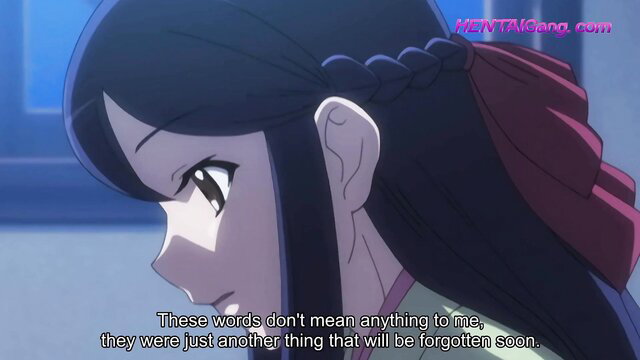 Purple-haired anime hentai girl with braided hair in closeup profile view