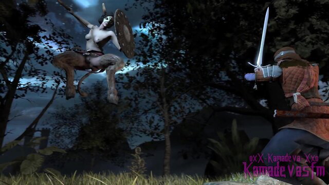 Nude futanari satyr warrior rides horse, battles knight in outdoor 3D porn