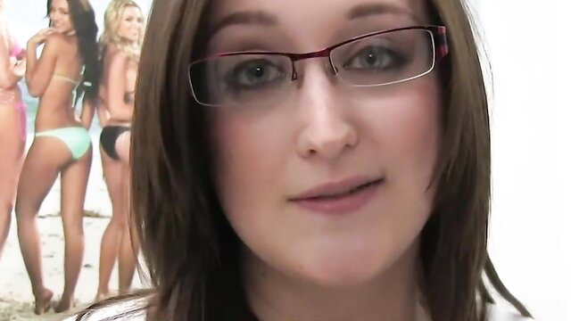 Blaire Banks smirks in glasses with bikini babes behind, College Rules