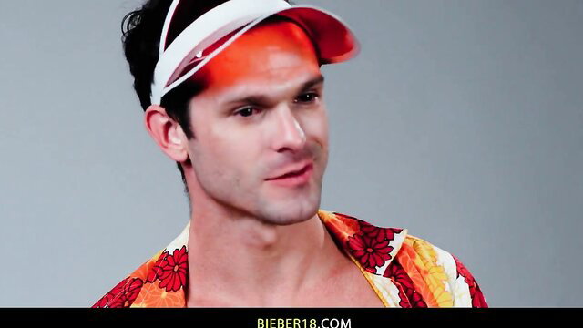 Derek in colorful Hawaiian shirt and visor from Next Door Studios BTS