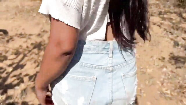 Pank's Indian GF Dipa in ripped denim shorts, teasing ass in woods