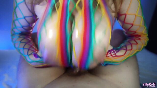 LilyKeti rainbow fishnet POV tits fuck closeup