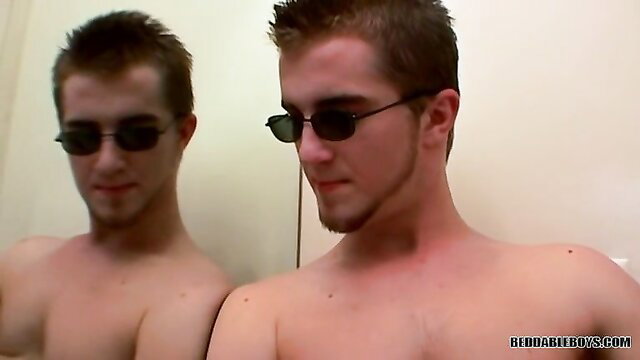 Twin redhead guys jacking off by mirror, nude solo masturbation