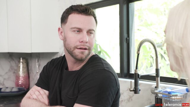 Hot couple in kitchen foreplay, hunk and busty blonde tease