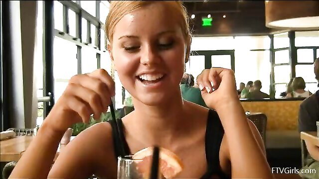 Jessi drinks cocktail in cafe, shows sexy legs in black dress FTVGirls