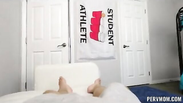 Stepmom's bare feet and legs spread on bed in taboo athlete dorm tease