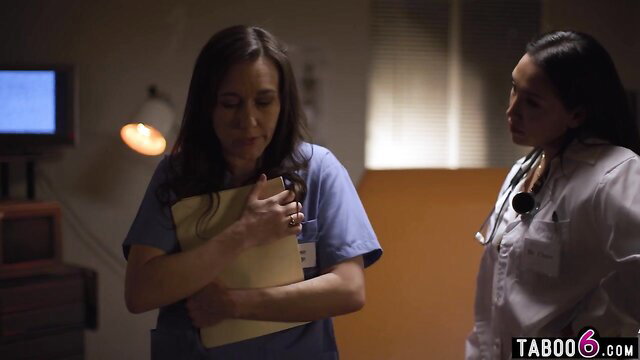 Stepmom doctor and nurse in hospital uniforms, tense taboo threesome tease