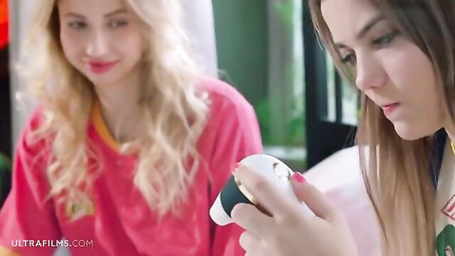 Russian teen girlfriends play with vibrator, hot lesbian fun