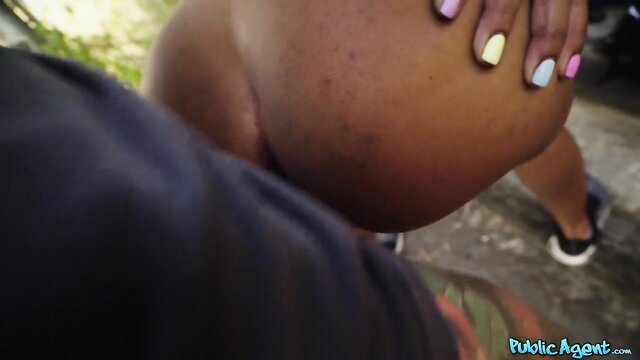 Busty black babe's huge ass and curves in outdoor Public Agent tease