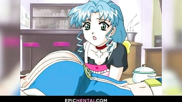 Gorgeous blue-haired hentai girl in maid lingerie with big tits