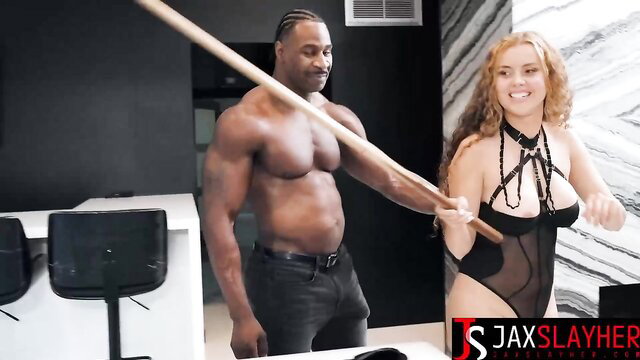 Jessie Rogers in lingerie grabbed by muscular black dude with pole
