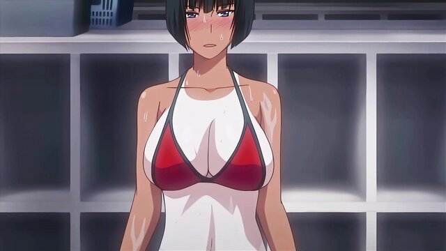 Sweaty Asian babe in skimpy red bikini top and white bottoms in locker room