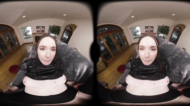 Exotic almond-eyed BBW in black latex top exposing huge pale tits solo VR