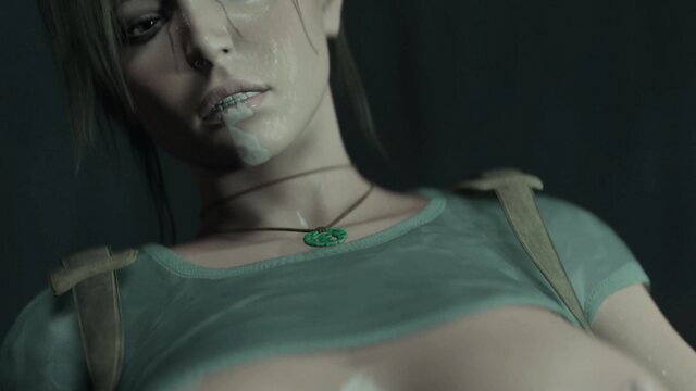Lara Croft wet tank top closeup, cum on face, sexy pendant necklace
