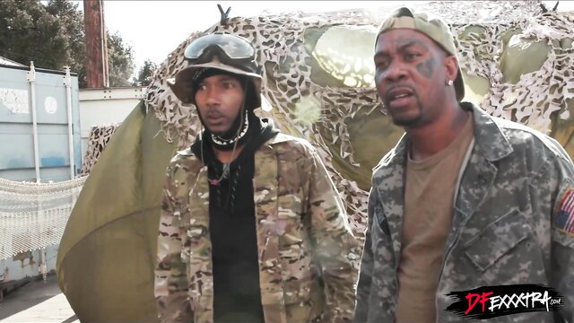 Two black soldiers in camo thanked for service in sexy military fetish scene