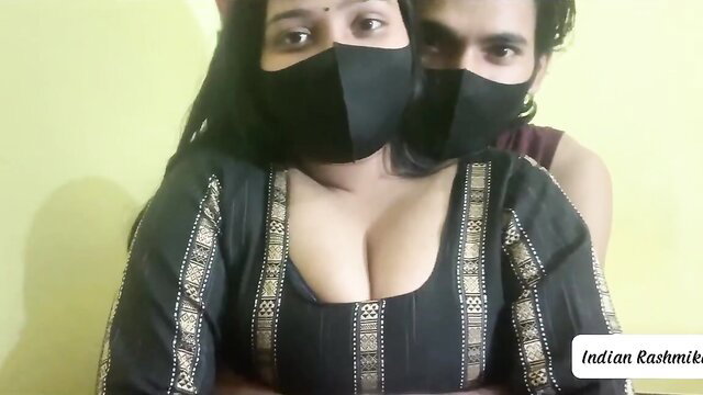 Indian housewife in low-cut salwar with masked desi stud, cleavage tease