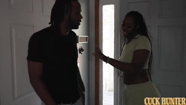 Jay Bangher ebony babe in tight top at door with BBC guy, cuck hunt