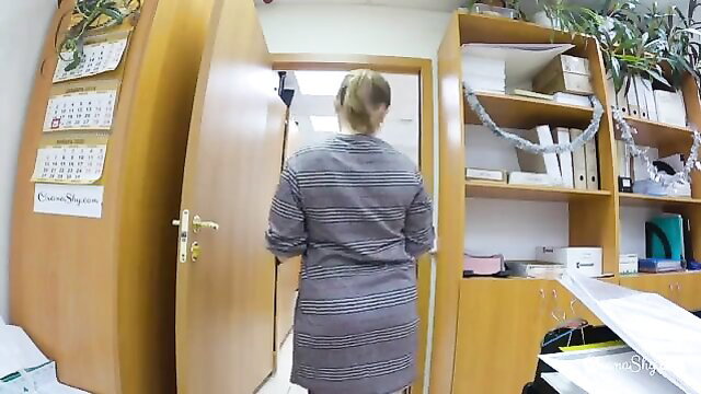 Office accountant Oksana in striped dress no panties, walking from behind