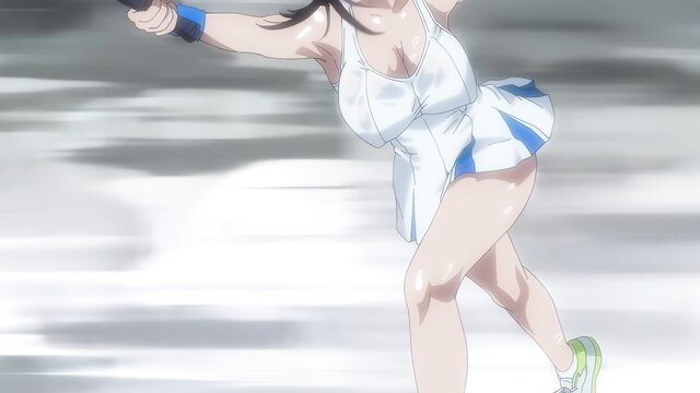 Asian tennis babe in skimpy white skirt top, dynamic serve action