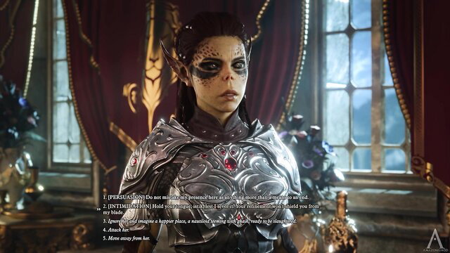 Dark elf warrior woman in ornate fantasy armor, tribal face tattoos, intense gaze