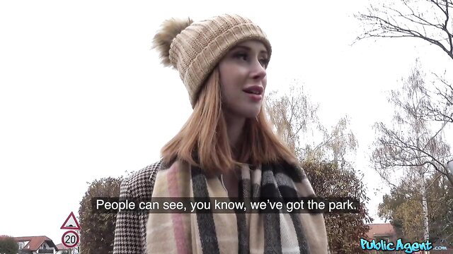 Lenina Crowne in public park tease, fur hat scarf outdoor amateur