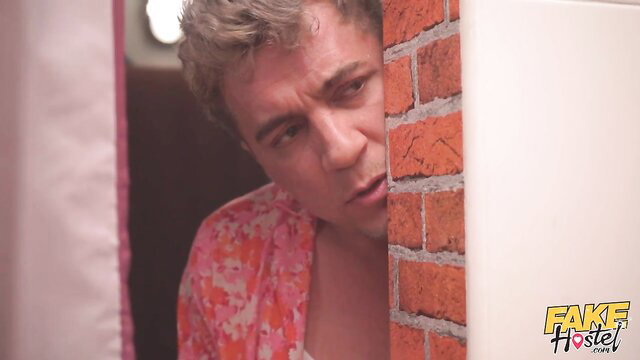 Man peeking thru curtain in Fake Host parody, Stacy Cruz teen threesome tease