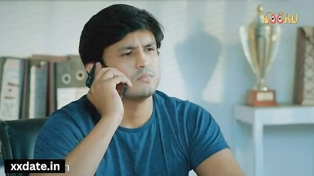 Handsome Indian guy in blue t-shirt on phone call, hot desi stud