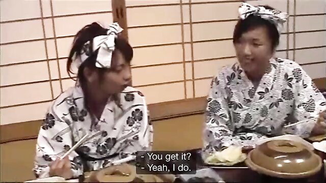 Two Japanese women in kimonos at onsen, lesbian JAV thumbnail