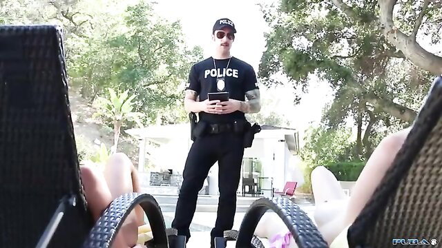Brooklyn Chase in police uniform at poolside, hot cop tease