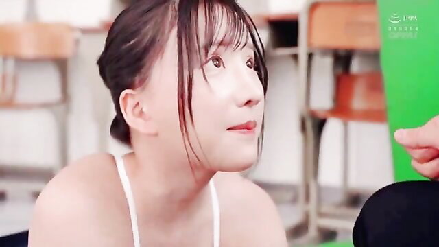 Yuzuriha Karen slave in classroom, tight white tank top, ponytail