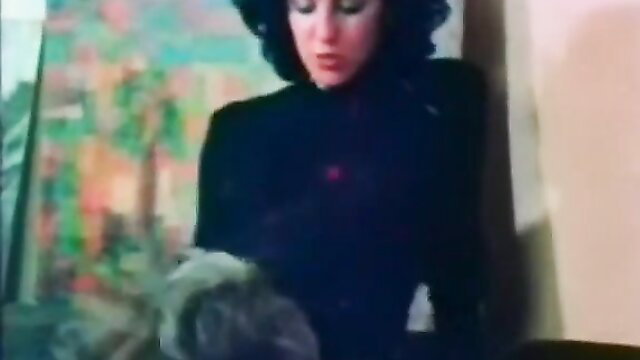 Classic brunette MILF in black dress dominates mature guy