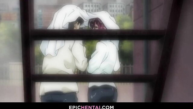 Anime girls in towels facing each other through railing, wet hair