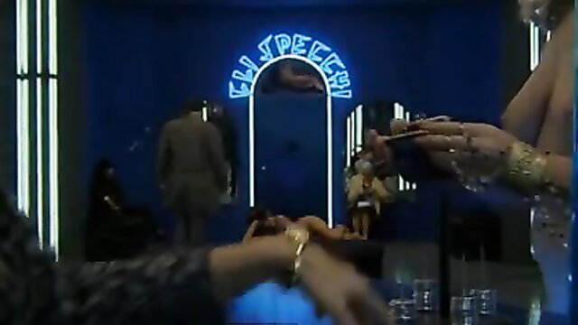 Hot babes with old men under neon sign in retro adult flick