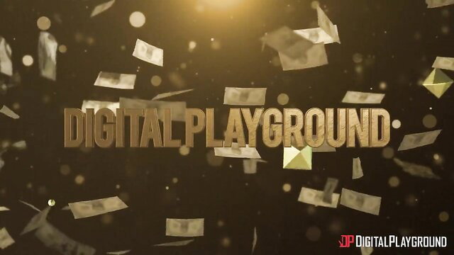 Digital Playground gold logo with flying cash bills on dark glitter background
