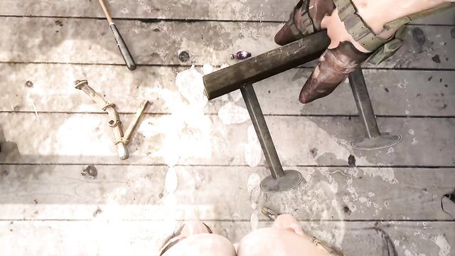 Closeup of woman's legs in boots gripping wooden pole on floor