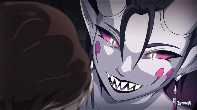 Seductive purple-skinned demon girl with horns smirks close-up