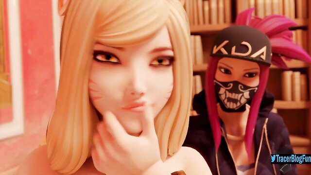 KDA Akali and Ahri League of Legends cosplay teasing closeup