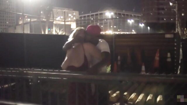 Cameron Skye hugs black guy outdoors at night, hot interracial public tease