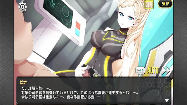 Blonde anime girl in tight black yellow sci-fi bodysuit, big tits, game screenshot