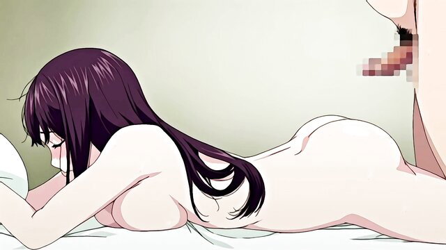 Purple-haired anime girl nude on bed, big ass up, man penetrating from behind