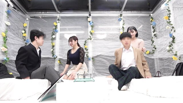 Four Japanese JAV stars in group foreplay on bed, JAV DVMM 185