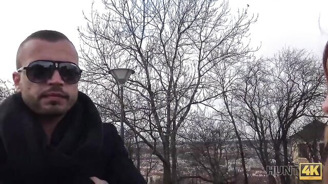 Handsome bald guy in shades woos winsome brunette cheating slut outdoors